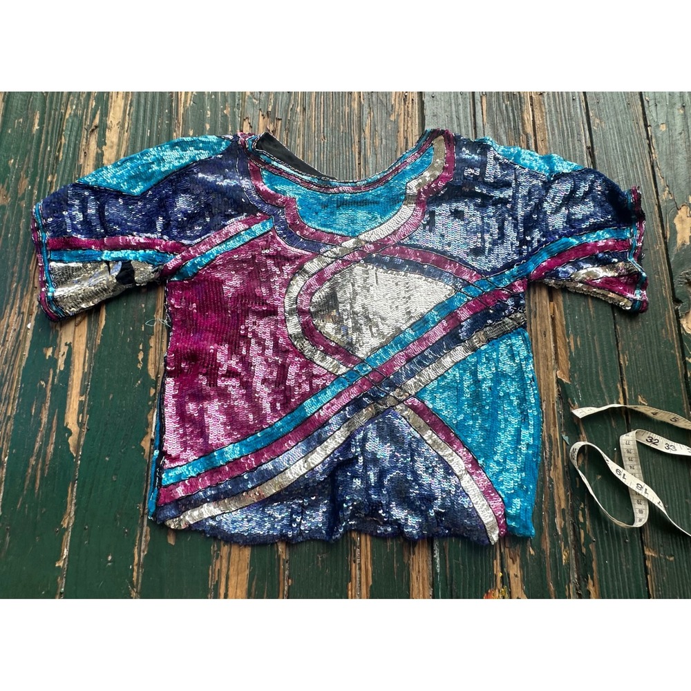 Vintage Multi Color Sequin Beaded Top Short Sleeve Geometric Party Blouse